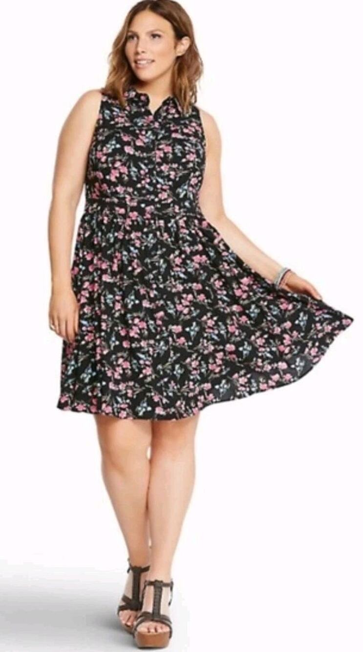Torrid Button Front Sleeveless Challis Dress rayon black pink floral print